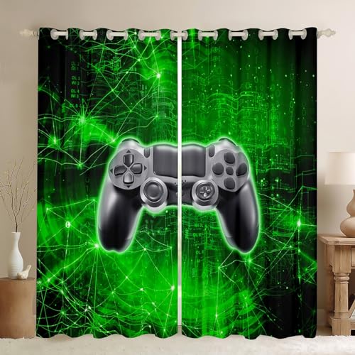 Schwarzer Gamepad Fenster Vorhang,Videospiele Vorhänge Kinder Teens Jungen Gamer Schlafzimmer Dekor,Neon Grün Geometrische Linien Fenstervorhänge Mode Gaming Fenster Vorhänge,2 Panels,XXL Größe von Manfei