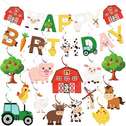 Bauernhoftiere Party hängende Dekorationen Bauernhof Happy Birthday Banner und hängende Wirbel Bauernhof Tier Thema Folie hängende Luftschlangen für Bauernhof Thema Geburtstag Party Babyparty Supplies von Maniaacer