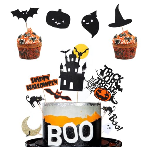 16 Stücke Tortendeko Halloween, Halloween Kuchen Topper Cake Topper, Tortendeko Halloween, Halloween Cupcake Toppers, Kuchen Deko Halloween mit Fledermaus Kürbis Schloss Hexe Besen Mond von Manqyi