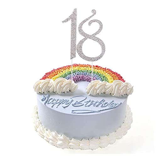 18 Zahl Kuchen Topper Strass, 18 Number Strass Cake Topper, 18 Jahrestag Kuchendekoration, 18. Geburtstagstorte Dekoration, 18 Zahl Kuchendeckel, Kuchendekoration für Erwachsene für Jubiläum (Silber) von Manqyi