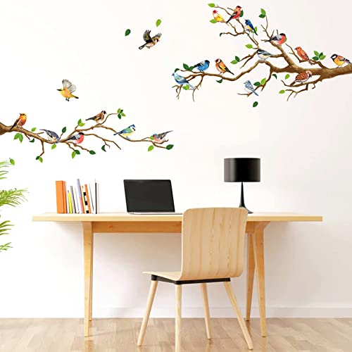 4 Stück Gartenvögel Wandtattoo Wandsticker, Vögel auf Baum Ast Wandaufkleber, Wandaufkleber Grüne Blätter Vögel, Wandaufkleber Gartenvögel auf Zweigen, für Wohnzimmer Schlafzimmer Küche Kinderzimmer von Manqyi