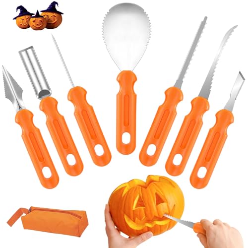 Manqyi 7 Stück Kürbis Schnitzen Set, Halloween Kürbis Schnitzset, Edelstahl Schnitzwerkzeug Kürbis Schnitzen, DIY Professionelles KüRbis Schnitz Tool Kit, für Familie Kürbis Schnitzen Werkzeug von Manqyi