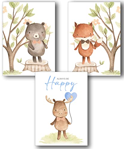 Manschin-Laserdesign 3er Set Wandbilder Kinderzimmer Poster | Din A3 & Din A4 | Babyzimmer Deko Mädchen Jungen Bilder Dekoration Aquarell Waldtiere skandinavisch (Din A4, P1020) von Manschin-Laserdesign