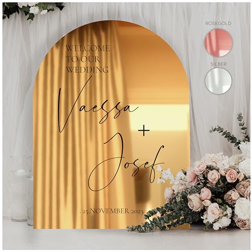 Manschin-Laserdesign Willkommensschild Acrylglas Spiegel personalisiert in veschiedenen Farben - Made in Germany - Welcome Willkommen Schild für Hochzeit (60x40cm, Gold) von Manschin-Laserdesign