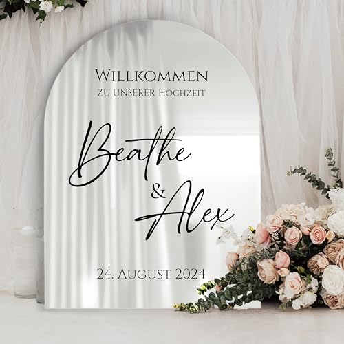 Manschin-Laserdesign Willkommensschild Acrylglas Spiegel personalisiert in veschiedenen Farben - Made in Germany - Welcome Willkommen Schild für Hochzeit (90x60, Silber) von Manschin-Laserdesign