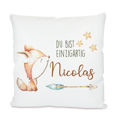 Manufaktur Liebevoll I Kinderkissen mit Namen Kissen Baby Geschenk personalisiert Geburt Namenskissen Geburtstag Mädchen Jungen Fuchs Du bist einzigartig 40x40 cm Bezug mit Füllung von Manufaktur Liebevoll