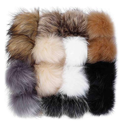 Kunstfell Bommel Pompon für Mützen und Beanies, Fake Fur Pom Pom DIY mit Gummiband für Strickmütze Schals Tasche Schlüsselbund Zubehör, Winter Fellbommel 16 Stück von MaoXinTek