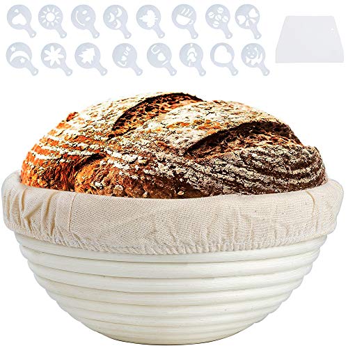 Rund Proofing Baskets, Handgemachte Gärkörbchen Natürlichem Peddigrohr mit Cloth Liner Teigschaber 16 Dekor-Schablonen für Artisan Home Bakers (ø 20cm) von MaoXinTek