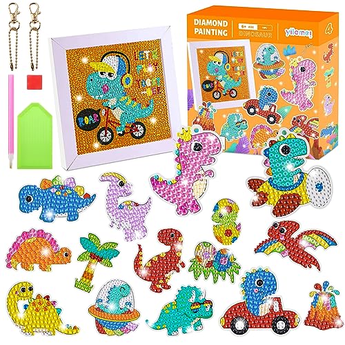 Maomaoyu 5D DIY Diamond Painting Kinder Set mit Bilderrahmen, 25 Stück Sticker und 2 Diamond Painting Schlüsselanhänger, Basteln Mädchen und Geschenk Mädchen 5-12 Jahre, Dinosaurier von Maomaoyu