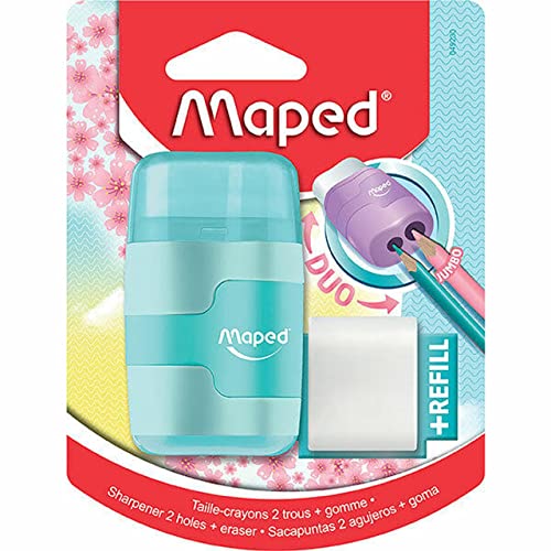 Maped,49230,- AA8Radierer/Anspitzer 2in1CONNECT PASTELL -2 Lochgrößen für dicke unddünne Stifte - inkl. 1x Ersatzradierer - rose, hellblau, flieder von Maped