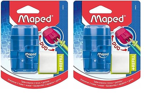 Maped - 2in1 Radier/Anspitzer CONNECT TRANSLUZENT, 2-Loch für dicke und dünne Stifte, nachfüllbar, inkl. 1x Ersatz-Radierer - grün, blau, pink - zufällige Farbauswahl (Packung mit 2) von Maped