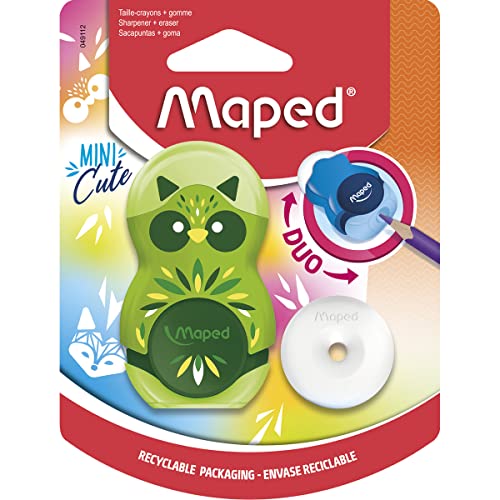 Maped - 2in1 Radier/Anspitzer LOOPY MINI CUTE, nachfüllbar, inkl. 1x Ersatz-Radierer - zufällige Farbauswahl - für dünne Stifte, 049112, Mehrfarbig von Maped