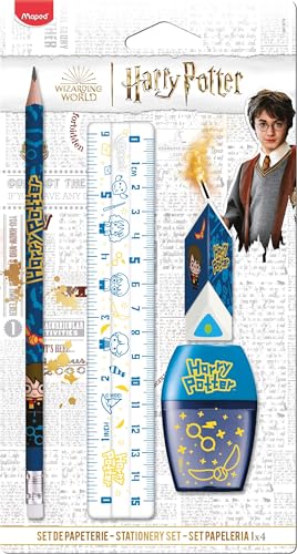 Maped - 4-teiliges Schreibwaren-Set – 1 transparentes Lineal 15 cm + 1 Anspitzer, 1 Loch + 1 Radiergummi + 1 Bleistift HB – Offizielles Harry Potter-Lizenzprodukt von Maped