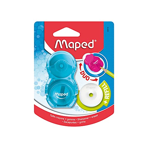 Maped 49110 - 2in1 Radier/ Anspitzer LOOPY TRANSLUZENT, nachfüllbar, inkl. 1x Ersatz-Radierer - grün/ blau, pink/ grün, blau/ lila - zufällige Farbauswahl von Maped