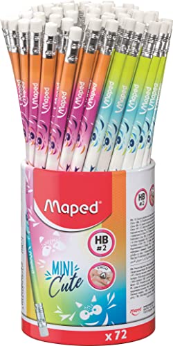 Maped - 72 Graphitstifte Mini cute Spitze Radiergummi - ergonomische dreieckige Form - robuste graue Mine - 72 Papierstifte 851874 mehrfarbig von Maped