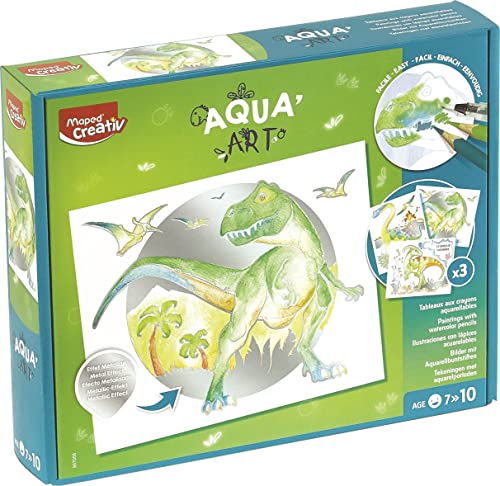 Maped 907058 Ausmal-Set AQUA'ART-Dino-inkl. 10x Aquarell-Stifte und 3x Vorlagen auf Metallic-Tafeln, Papier Metall, bunt von Maped