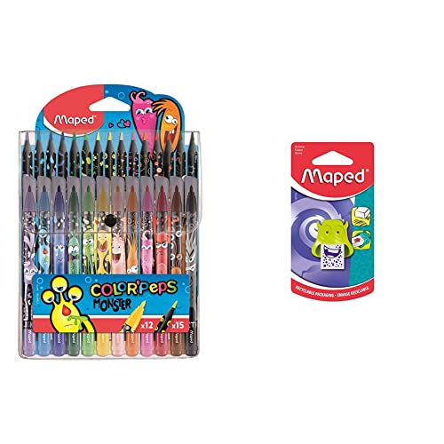 Maped 984718 - Stifte-Set COLOR'PEPS MONSTER Filzstifte x12 + Buntstifte x15, mehrfarbig, 27 Stück (1er Pack) & - Radierer MONSTER - verschiedene Designs, farbig sortiert von Maped