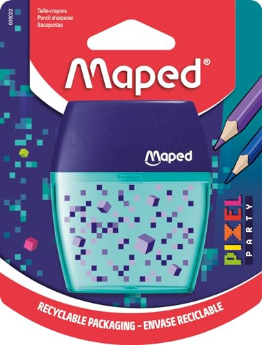 Maped - Anspitzer Shaker Pixel Party – Anspitzer mit 2 Löchern und transparentem Behälter von Maped