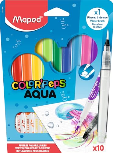 Maped - Aquarell-Filzstifte, Fasermaler COLOR'PEPS AQUA x10 + Pinsel mit Wassertank von Maped