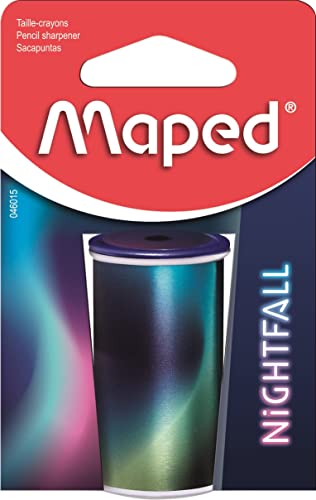 Maped - Bleistiftspitzer aus Metall mit 1 Loch für Standardbleistifte – Anspitzer mit Tank – Motiv Nightfall – recycelbare Verpackung 046015 Blau von Maped