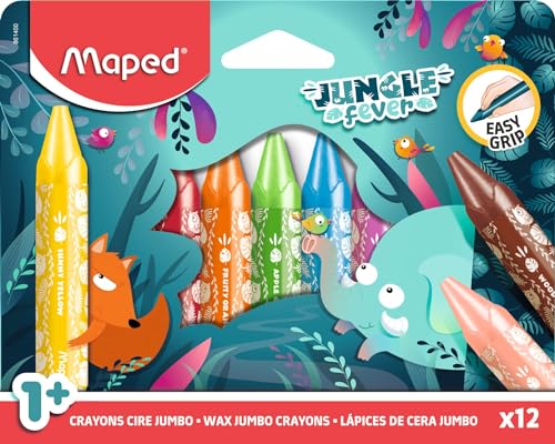 Maped - Maxi-Wachsmalstifte JUNGLE FEVER JUMBO- Kinderwachsstifte - Wachsmalkreiden für Babys ab 1 Jahr - Dreieckige Form - Erster Jumbo-Wachsmalstift - Kartonschachtel mit 12 Jumbo-Wachsmalstifte von Maped