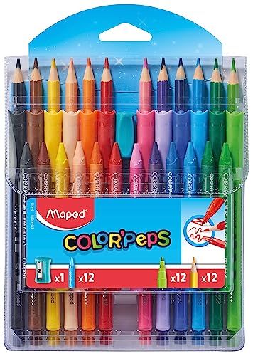 Maped - Combo Color'Peps Color'Peps – 12 Buntstifte + 12 Filzstifte Ocean + 12 Wachs-Kreide + 1 Spitzer von Maped