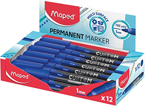 Maped Custom Permanentmarker, fein, 12 Stück, Blau, feine Spitze, 2 mm, verschiedene Oberflächen von Maped