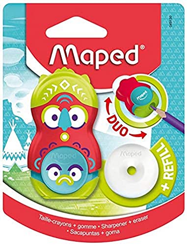 Maped – Duo Anspitzer/Radierer Loopy – Anspitzer mit Tank + 1 Loch – Weißer Radiergummi drehbar ohne PVC + Nachfüller – mit Schutzkappe – Totem Design Rot/Grün von Maped