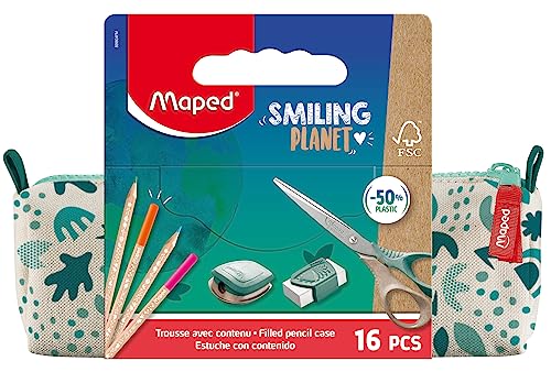 Maped - Federmäppchen Smiling Planet mit Schulbedarf – Federmäppchen aus Stoff + 12 Buntstifte FSC + 1 Schere 16 cm + 1 Spitzer mit Reserve + 1 weißer Radiergummi von Maped