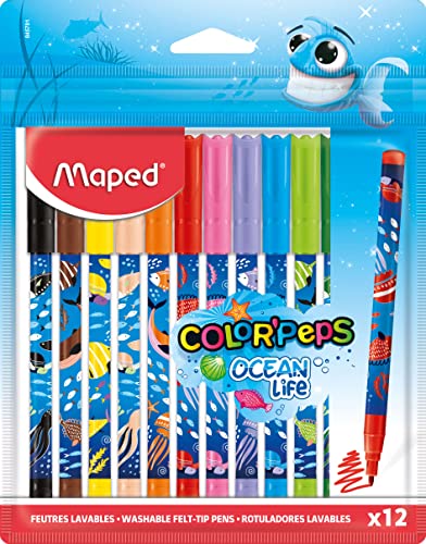 Maped - Filzstifte OCEAN LIFE - 12 Stück - 2 mm mittlere Spitze - perfekt zum Zeichnen und Malen - resistente Spitze (nicht blockiert) - kräftige Farben - wiederverwendbare Kunststoff-Tasche von Maped