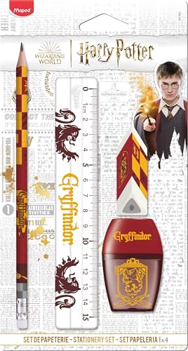 Maped - Gryffindor 4-teiliges Schreibwaren-Set – 1 transparentes Lineal 15 cm + 1 Anspitzer, 1 Loch + 1 Radiergummi + 1 Bleistift HB – Offizielles Lizenzprodukt von Harry Potter von Maped