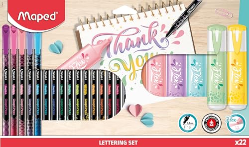 Maped - Schreib-Set LETTERING - 22-tlg. - inkl. Fineliner + Textmarker PASTELL FLEX von Maped