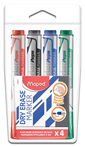 Maped Marker, trocken abwischbar, 4 Stück, Blau, Schwarz, Rot, Grün – Rundspitze, 2 mm – Weiße, Schiefer und nicht poröse Oberflächen von Maped