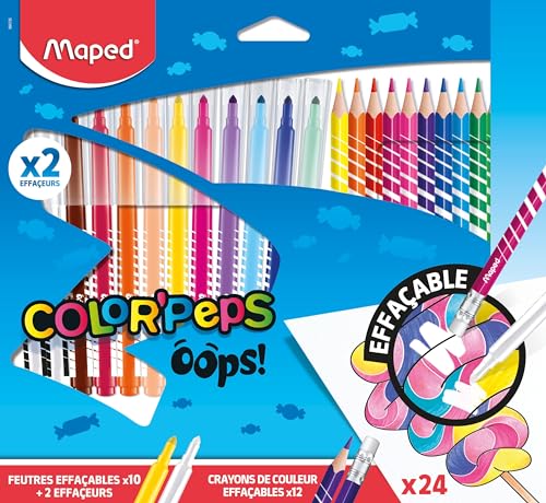 Maped Oops Color'Peps Set aus Filzstiften und Buntstiften, radierbar, 12 Filzstifte mit Radierspitze + 12 Filzstifte, die sich löschen lassen von Maped