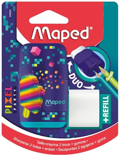 Maped - Bleistiftspitzer Duo Pixel Party – 2 in 1 – Bleistiftspitzer 2 Löcher + Radiergummi, ohne PVC und Phthalate – mit Nachfüllpack Radiergummi von Maped