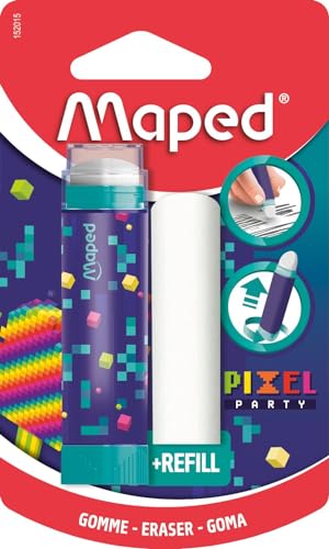 Maped - Weißer Radiergummi Pixel Party – einziehbarer Radiergummi, geschützt und effizient – sehr praktisches Drehsystem – 1 Nachfüllpack Radiergummi inklusive, frei von PVC und Phthalaten von Maped