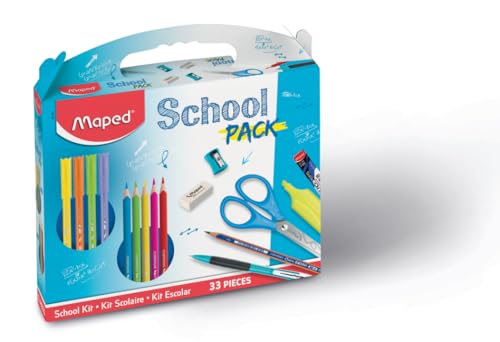 Maped - School 33-teiliges Set – Buntstifte + Filzstifte + Graphitstifte + Minenhalter und Minentasche + Textmarker + Radiergummi + Anspitzer + Pulsschere – für Kinder ab 4 Jahren von Maped