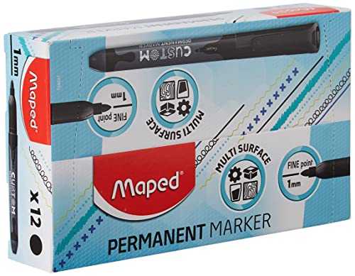 Maped – Schulmaterial – Klassischer Permanentmarker – 1 Packung mit 12 schwarzen Markern – Leuchtende Farbe – Schnelle Tintentrocknung – Feine ovale Spitze – Austrocknungsbeständig von Maped