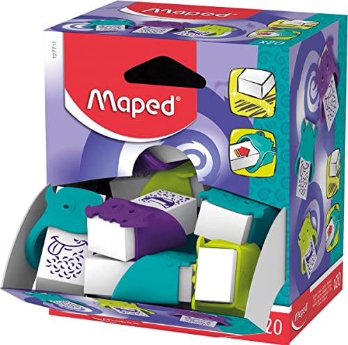 Maped - Schulmaterial - Radiergummi Little Monster - Präsentationsständer mit 20 Stück - Verspieltes Design mit Monsterformen - ergonomischer Griff - Ideale Größe für Etui - 3 Farben von Maped