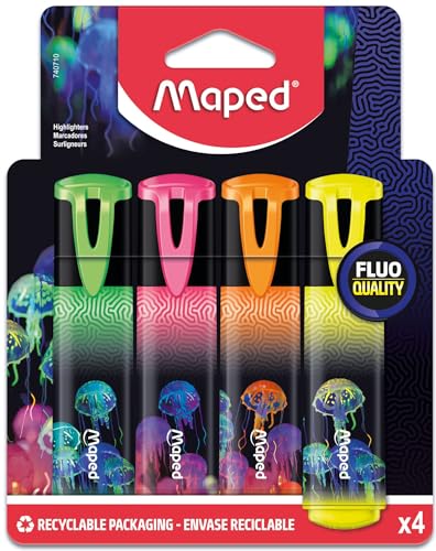 Maped - Textmarker DEEPSEA PARADISE - 4 klassische Marker-Farben gelb, grün, pink, oragne von Maped