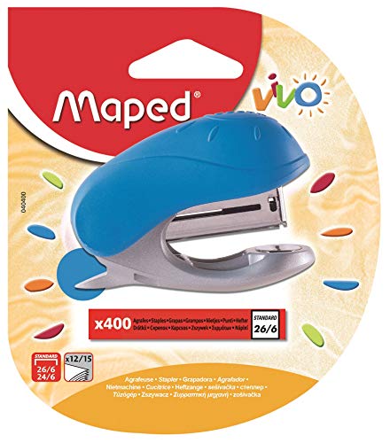 Maped Vivo Mini Heftpistole für 24/6 oder 26/6 Heftklammern mit integriertem Klammerentferner und Box mit 400 Heftklammern, blau von Maped