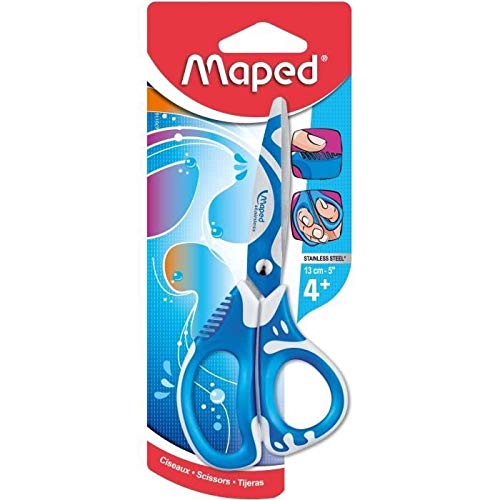 Maped - Zenoa Fit Schere 13 cm – Kinderschere mit asymmetrischen Ringen innen weich – Lamellen verziert und stoßdämpfend – Schulschere ab 4 Jahren – Blau von Maped