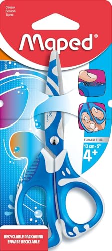 Maped - Zenoa Fit Schere 13 cm – Kinderschere mit asymmetrischen Ringen innen weich – Lamellen verziert und stoßdämpfend – Schulschere ab 4 Jahren – Blau von Maped