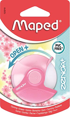 Maped Zenoa Plus Radiergummi, rund, weiß, mit 180° drehbarer Schutzhülle, phthalatfrei, PVC-frei, pastellrosa von Maped