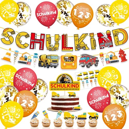 Maqhpu Bagger Einschulung Deko, Deko Einschulung Junge, Schulanfang Junge Mädchen Deko, Schulkind Banner + Bagger Girlande + Schultüte Folienballon + Zuckertüte Luftballons mit ABC 123 + Tortendeko von Maqhpu