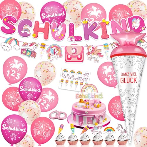 Maqhpu Einhorn Einschulung Deko, Deko Einschulung Mädchen Junge, Schulanfang Deko, Rosa Schulkind Banner + Einhorn Girlande + Schultüte Folienballon + Zuckertüte Luftballons mit ABC 123 + Tortendeko von Maqhpu