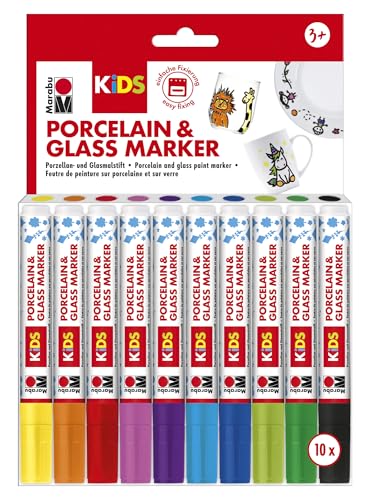 Marabu 0125000000084 - Porcelain & Glas Painter Kids, Set Mega Fun mit 10 Farben, Porzellan- und Glasmalstift für Kinder, kinderleichtes Malen, spülmaschinenfest nach Einbrennen, Spitze 1 - 3 mm von Marabu