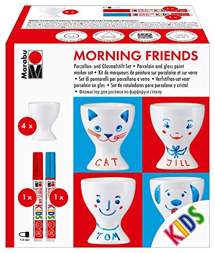 Marabu 0125000000099 - Porcelain & Glas Painter Kids, Set Morning Friends, spülmaschinenfest nach Einbrennen, Set mit 4 Eierbecher, 2 Farben Porzellan- und Glasmalstift KiDS rot blau, Spitze 1 - 3 mm von Marabu