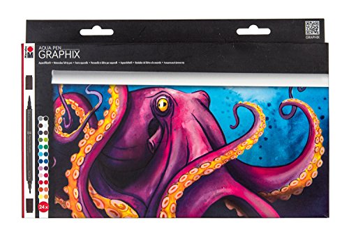 Marabu 0145000000104 - Aqua Pen Graphix, Octopy, 24 Aquarellfilzstifte im Set mit brillanter Farbe, wasserbasierte Tusche, Doppelspitze, aquarellierbar auf Aquarellpapier von Marabu