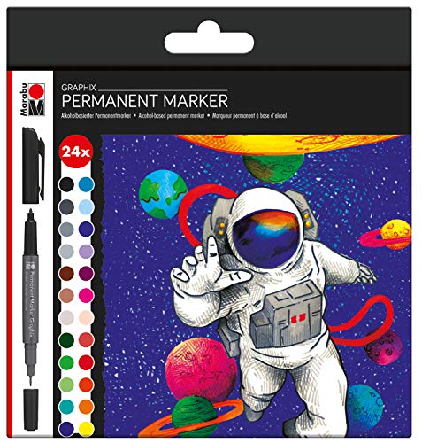 Marabu 0147000000102 - Permanent Marker Graphix 24er Set Hero of Galaxy, mit Doppelspitze 1-2 mm und 0,5 mm, brillante Farben, schnelltrocknende, alkoholbasierte Tinte, geruchsarm und wasserfest von Marabu